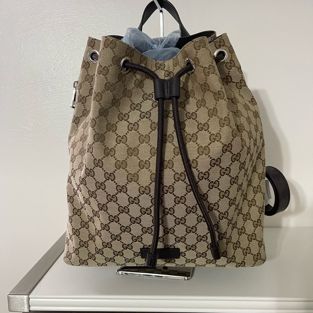 GUCCI Monogram Dollar Calfskin O Drawstring Backpack- AUTHENTIC